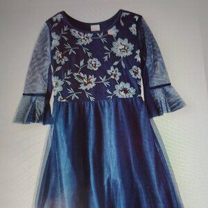 Wonder Nation Navy blue floral mesh embroidered dress with long sleeves (M 7-8)